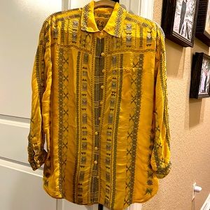 JOHNNY WAS RAYON TOP, long sleeves, yellow with gray trim